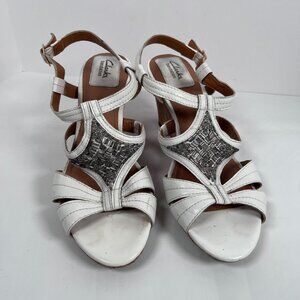 Clarks Bendables White Leather Sandals Wedge Cork Heel Open Toe Womens 9‎